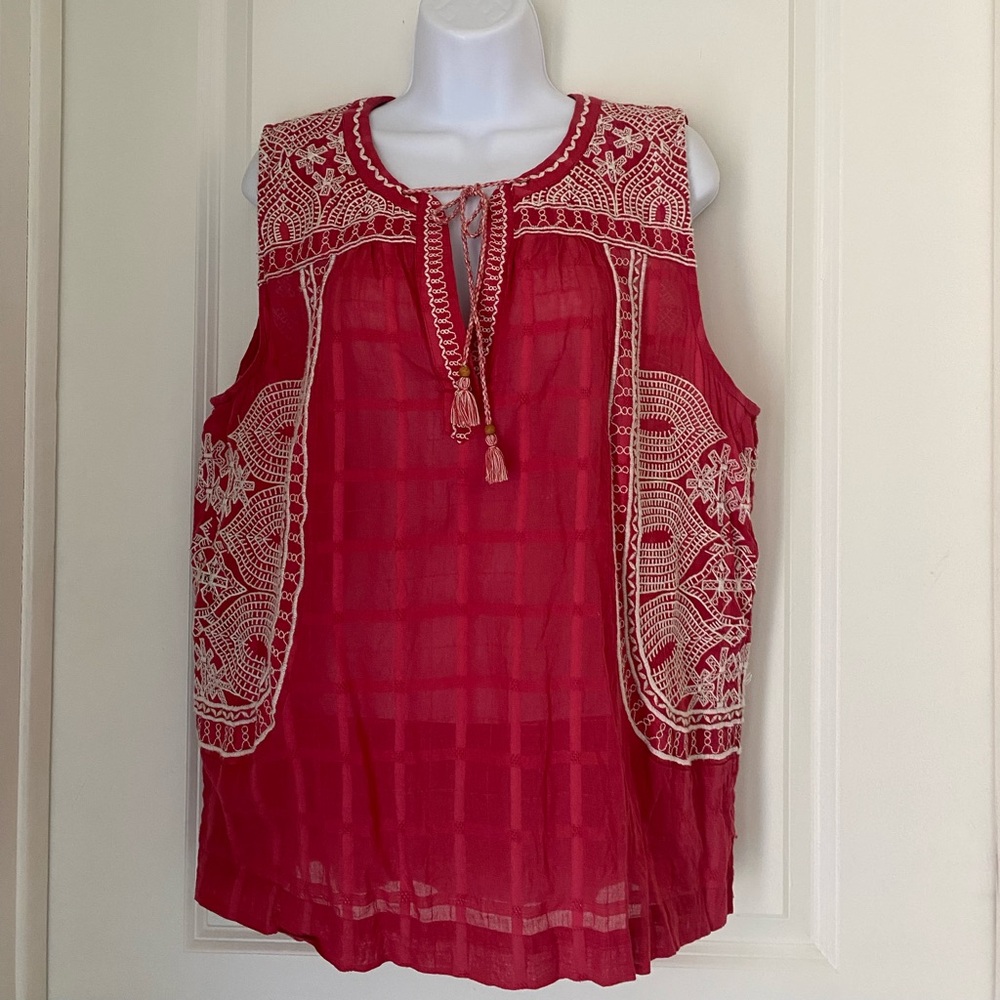 Lucky Brand Sleeveless Sheer Top Embroidered Ties Tassels Boho Summer Casual L